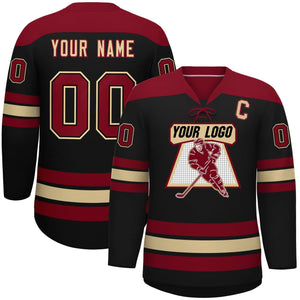 Custom Black Crimson Khaki Personalized Classic Lace-Up Neck Hockey Jersey