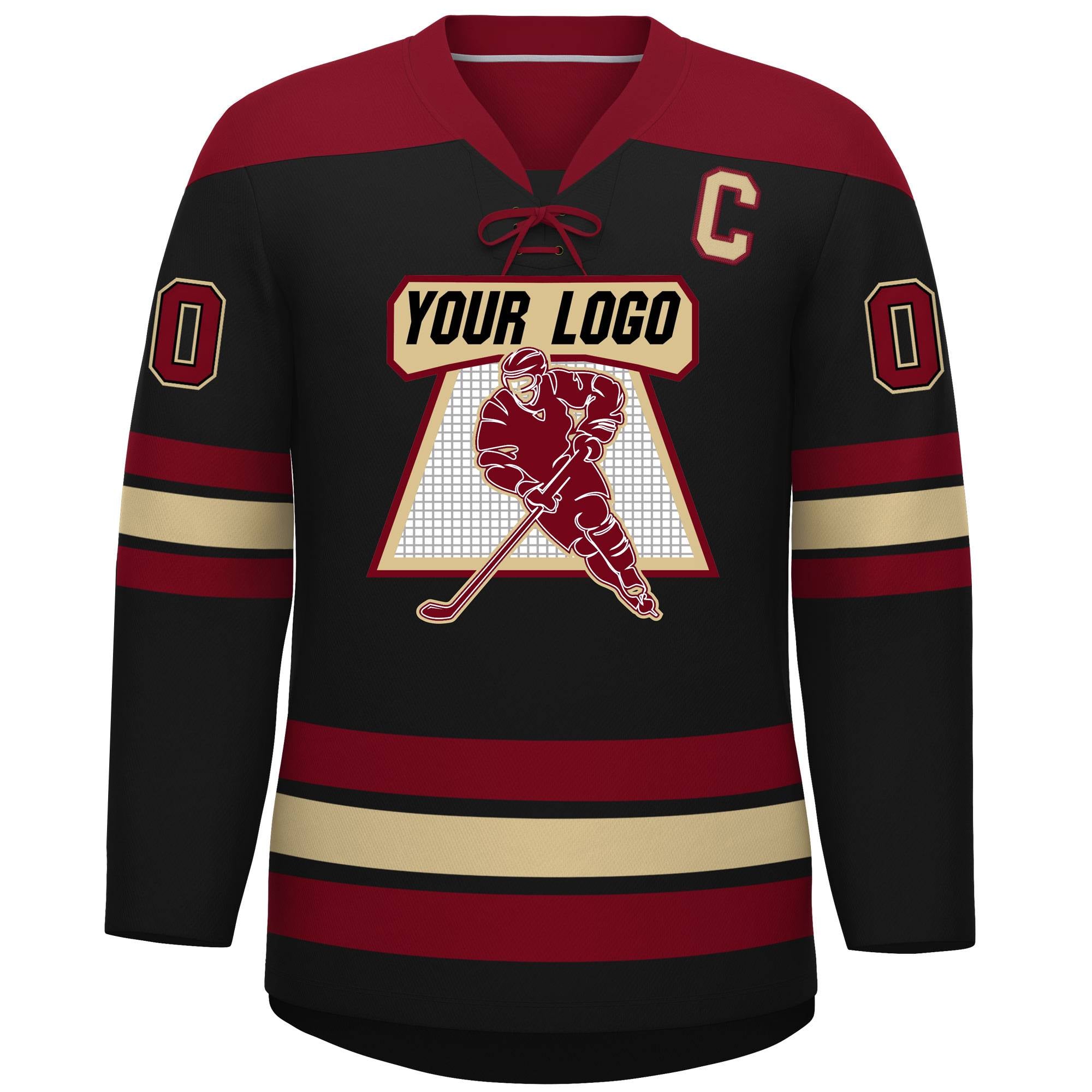 Custom Black Crimson Khaki Personalized Classic Lace-Up Neck Hockey Jersey