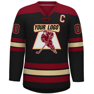 Custom Black Crimson Khaki Personalized Classic Lace-Up Neck Hockey Jersey