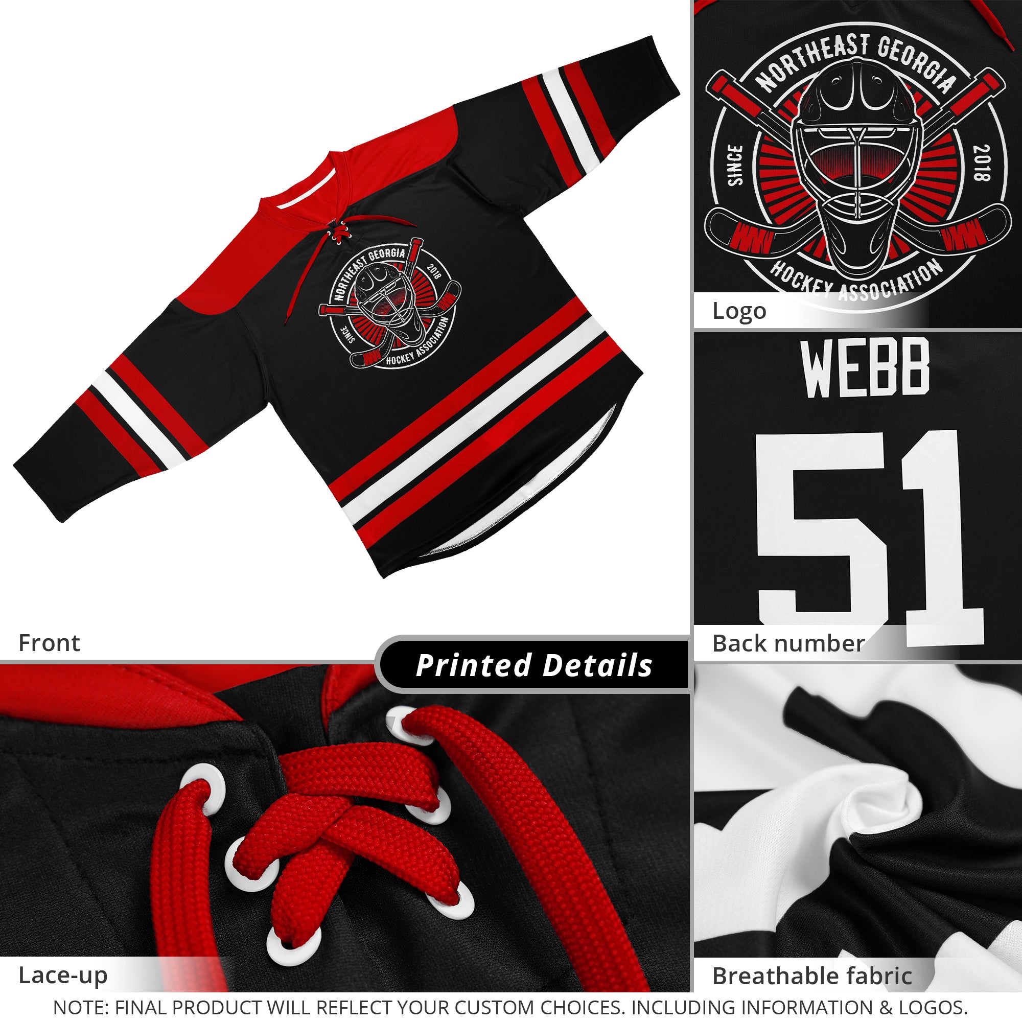 Custom Black Red White Personalized Classic Lace-Up Neck Hockey Jersey