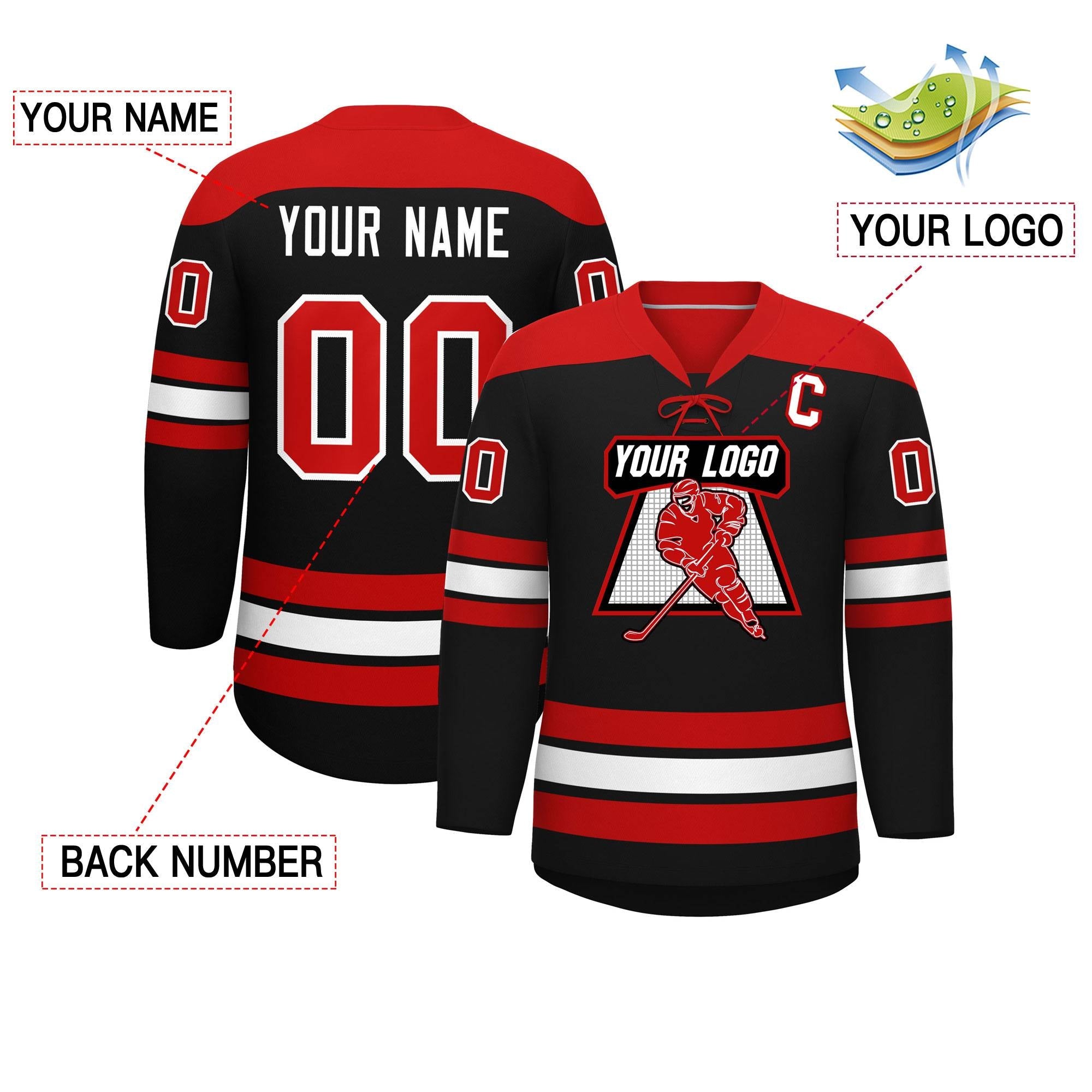 Custom Black Red White Personalized Classic Lace-Up Neck Hockey Jersey