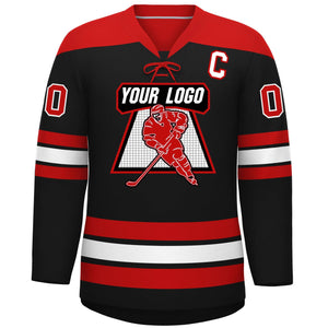 Custom Black Red White Personalized Classic Lace-Up Neck Hockey Jersey