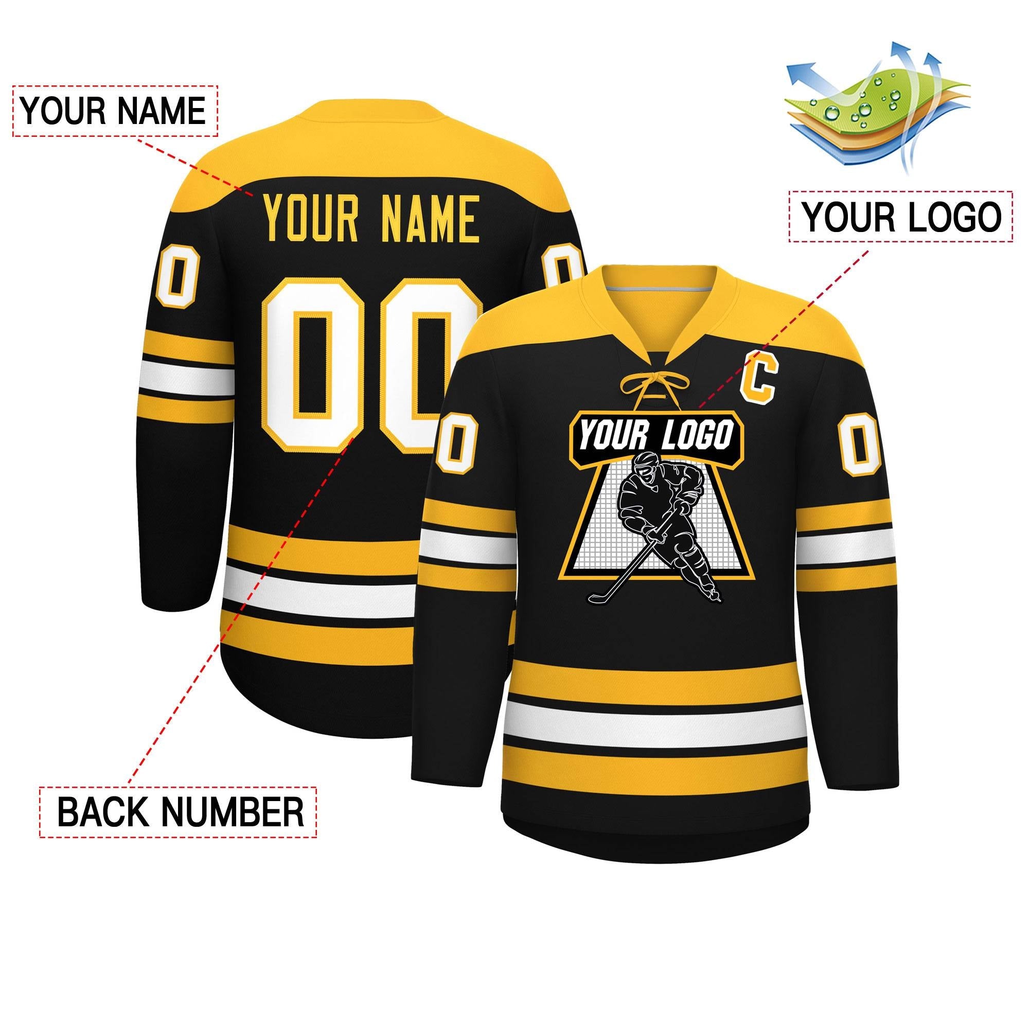 Custom Black Gold White Personalized Classic Lace-Up Neck Hockey Jersey