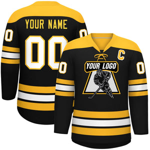 Custom Black Gold White Personalized Classic Lace-Up Neck Hockey Jersey