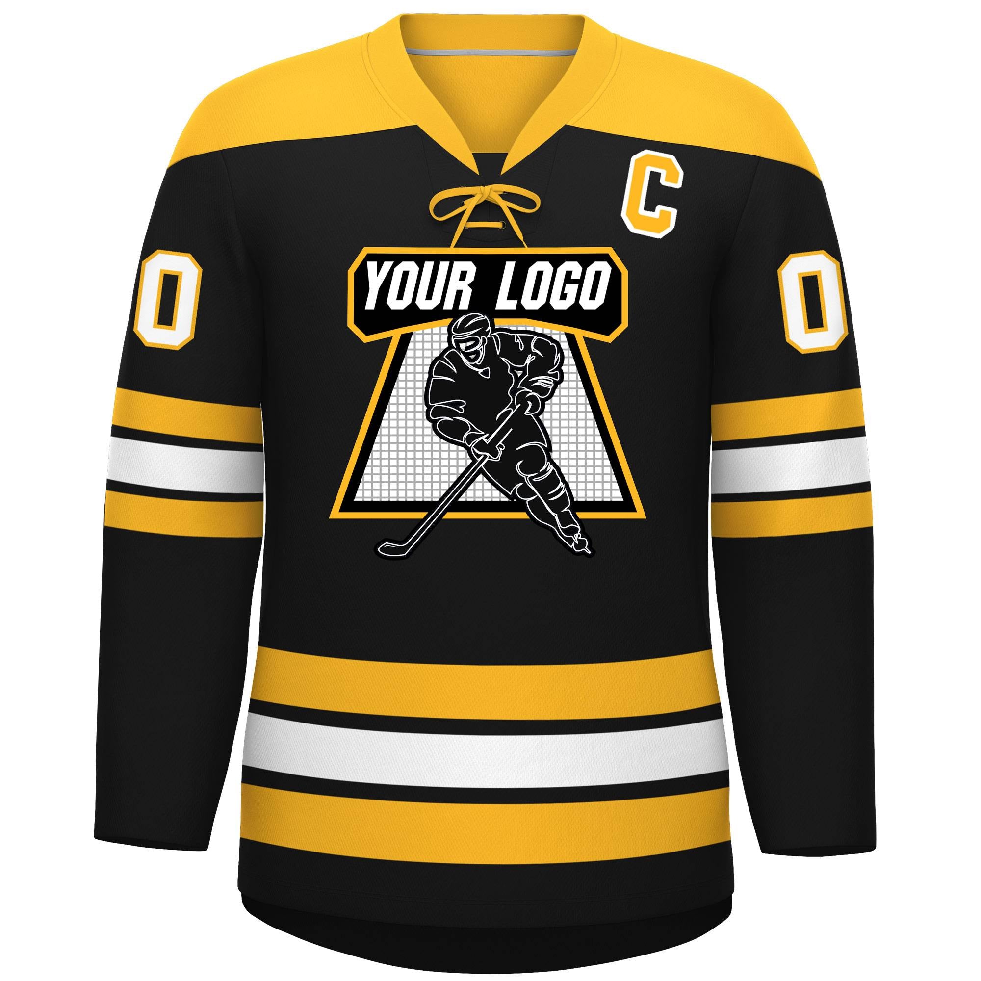 Custom Black Gold White Personalized Classic Lace-Up Neck Hockey Jersey