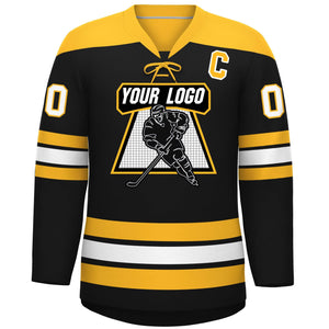 Custom Black Gold White Personalized Classic Lace-Up Neck Hockey Jersey