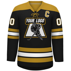 Custom Black Old Gold White Personalized Classic Lace-Up Neck Hockey Jersey