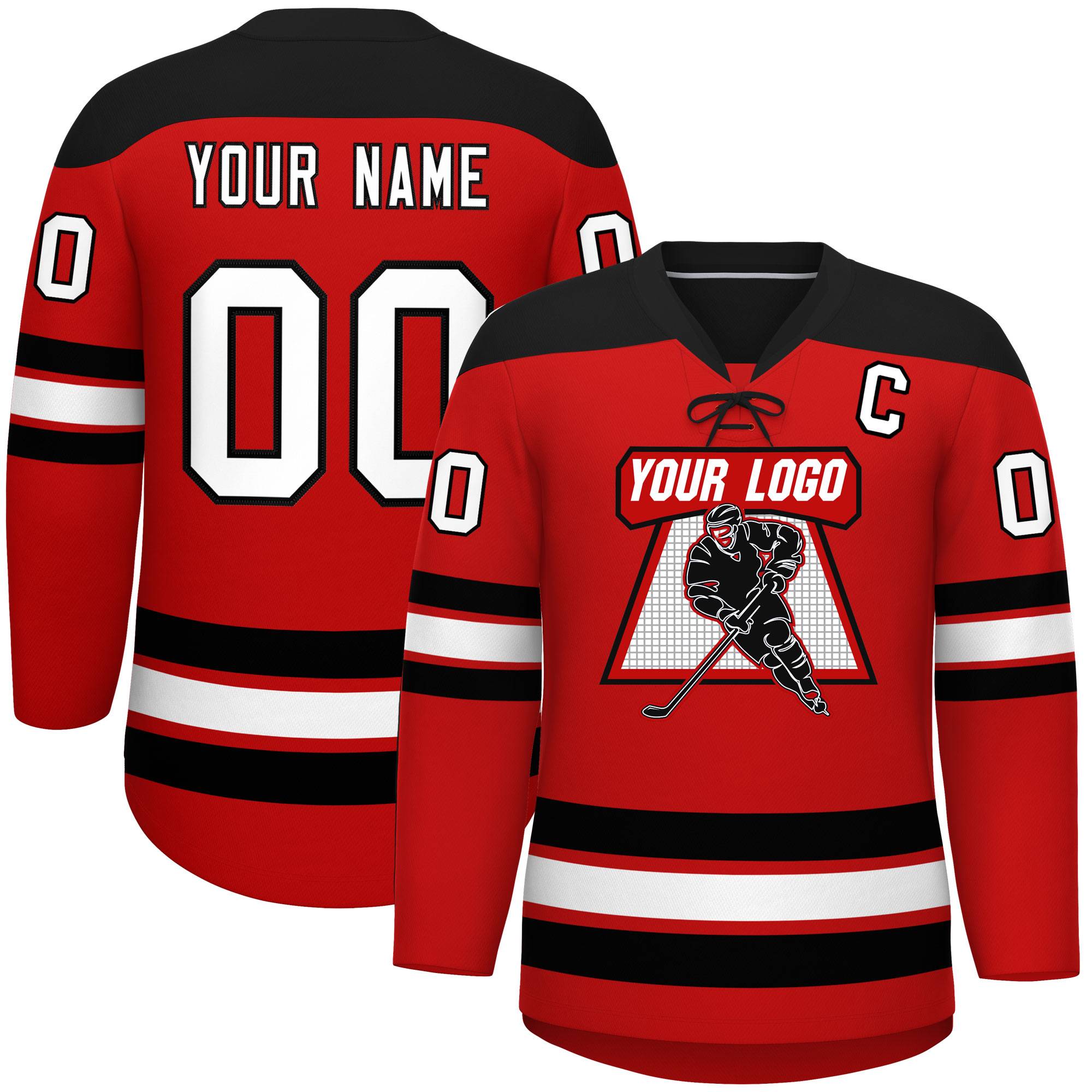 Custom Red Black White Personalized Classic Lace-Up Neck Hockey Jersey