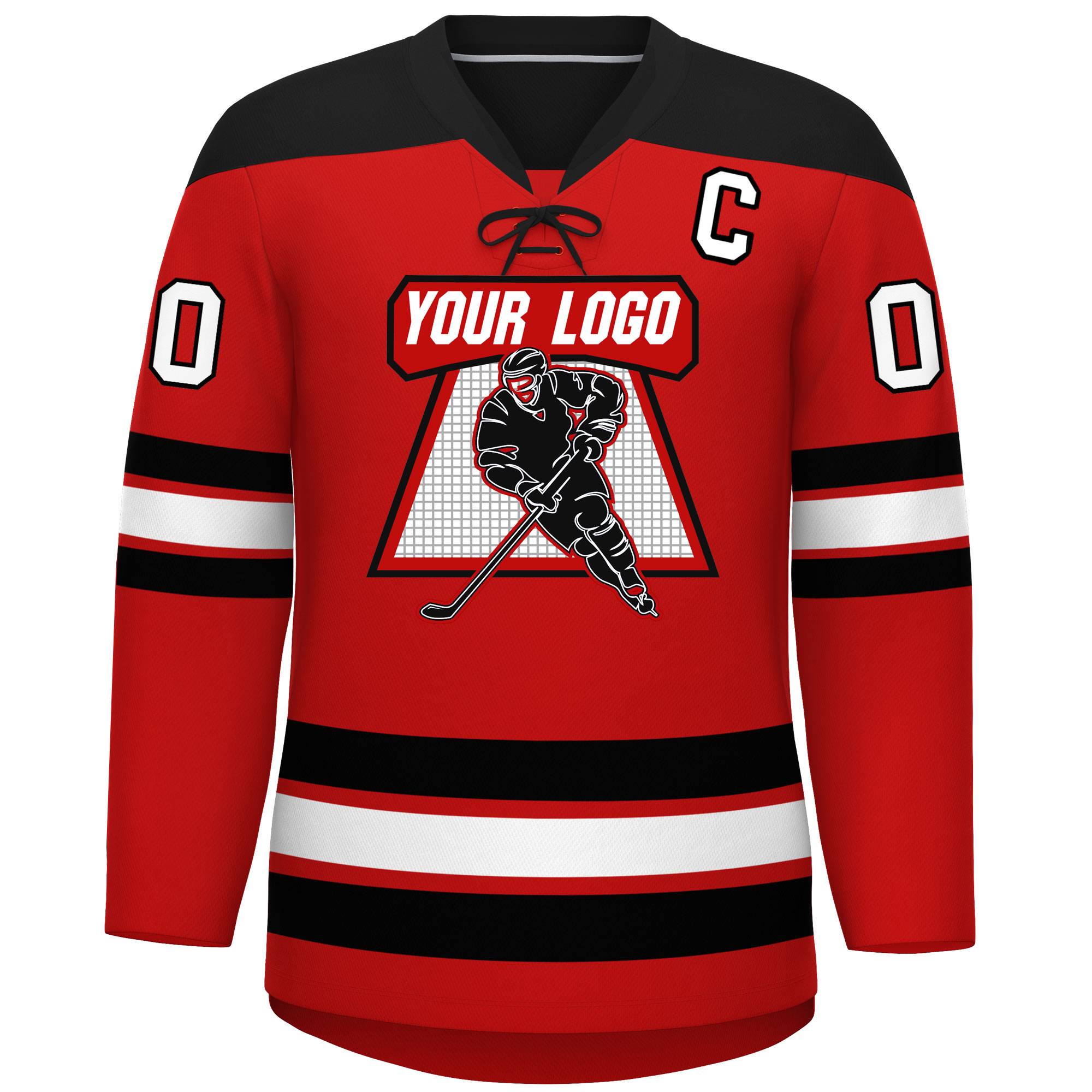 Custom Red Black White Personalized Classic Lace-Up Neck Hockey Jersey