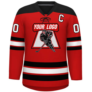 Custom Red Black White Personalized Classic Lace-Up Neck Hockey Jersey