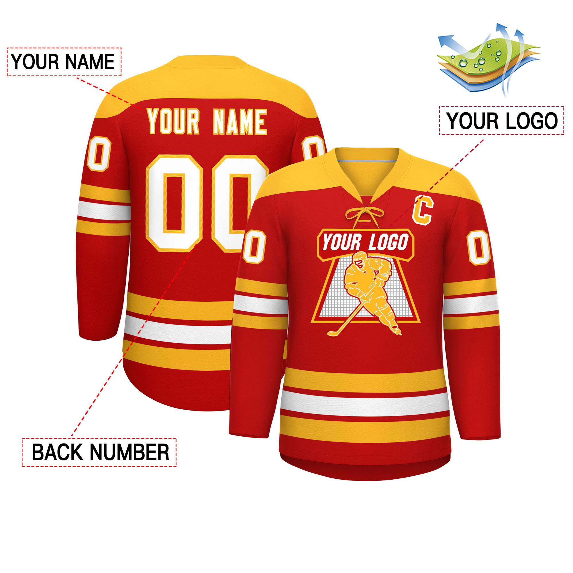 Custom Red Gold White Personalized Classic Lace-Up Neck Hockey Jersey