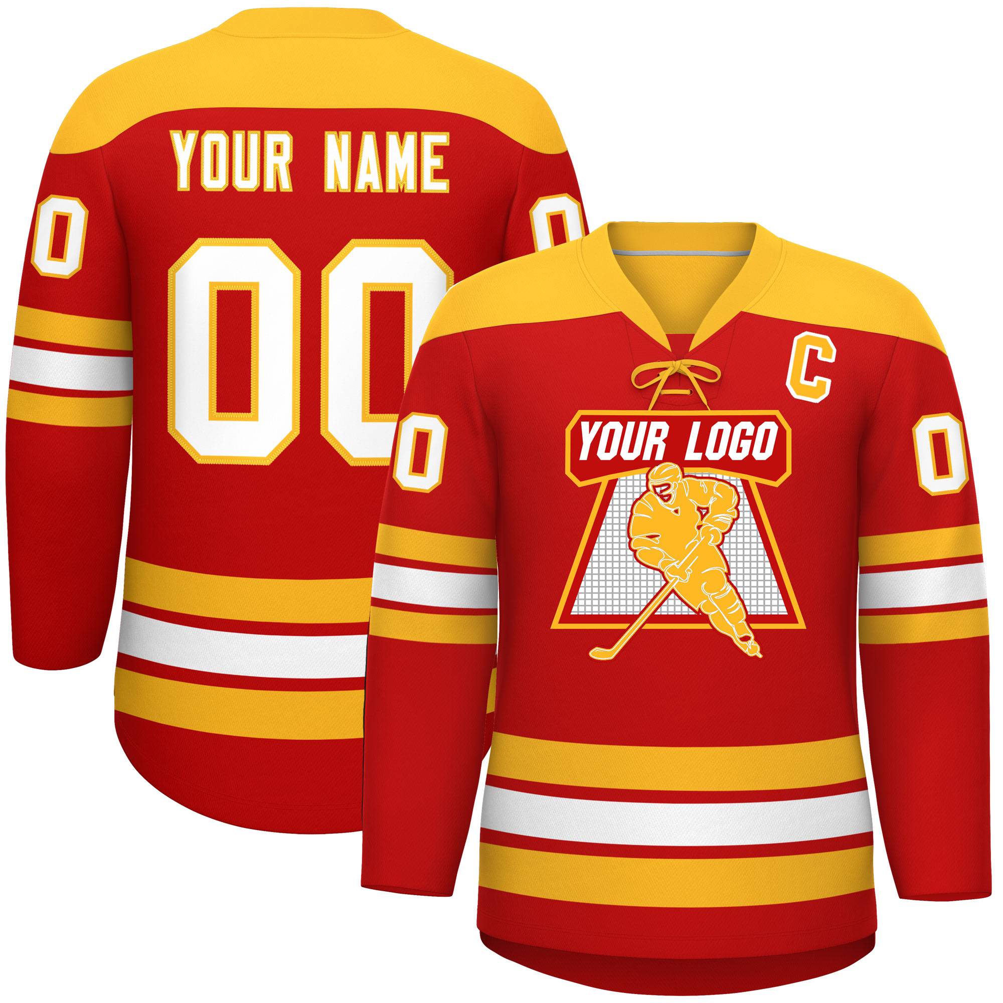 Custom Red Gold White Personalized Classic Lace-Up Neck Hockey Jersey