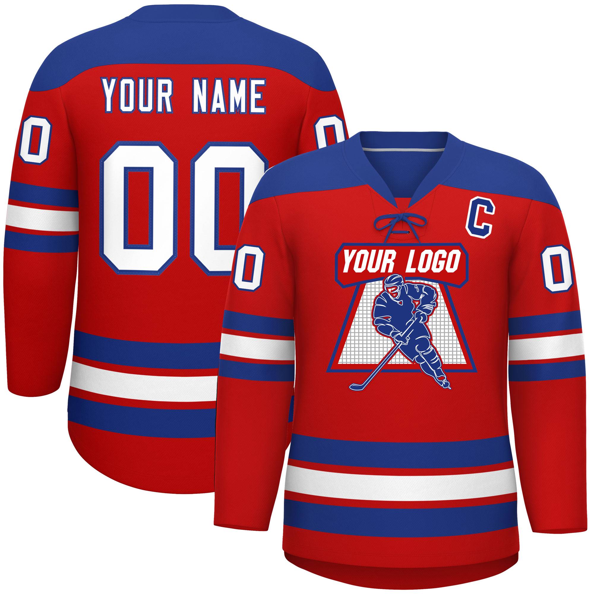 Custom Red Royal White Personalized Classic Lace-Up Neck Hockey Jersey