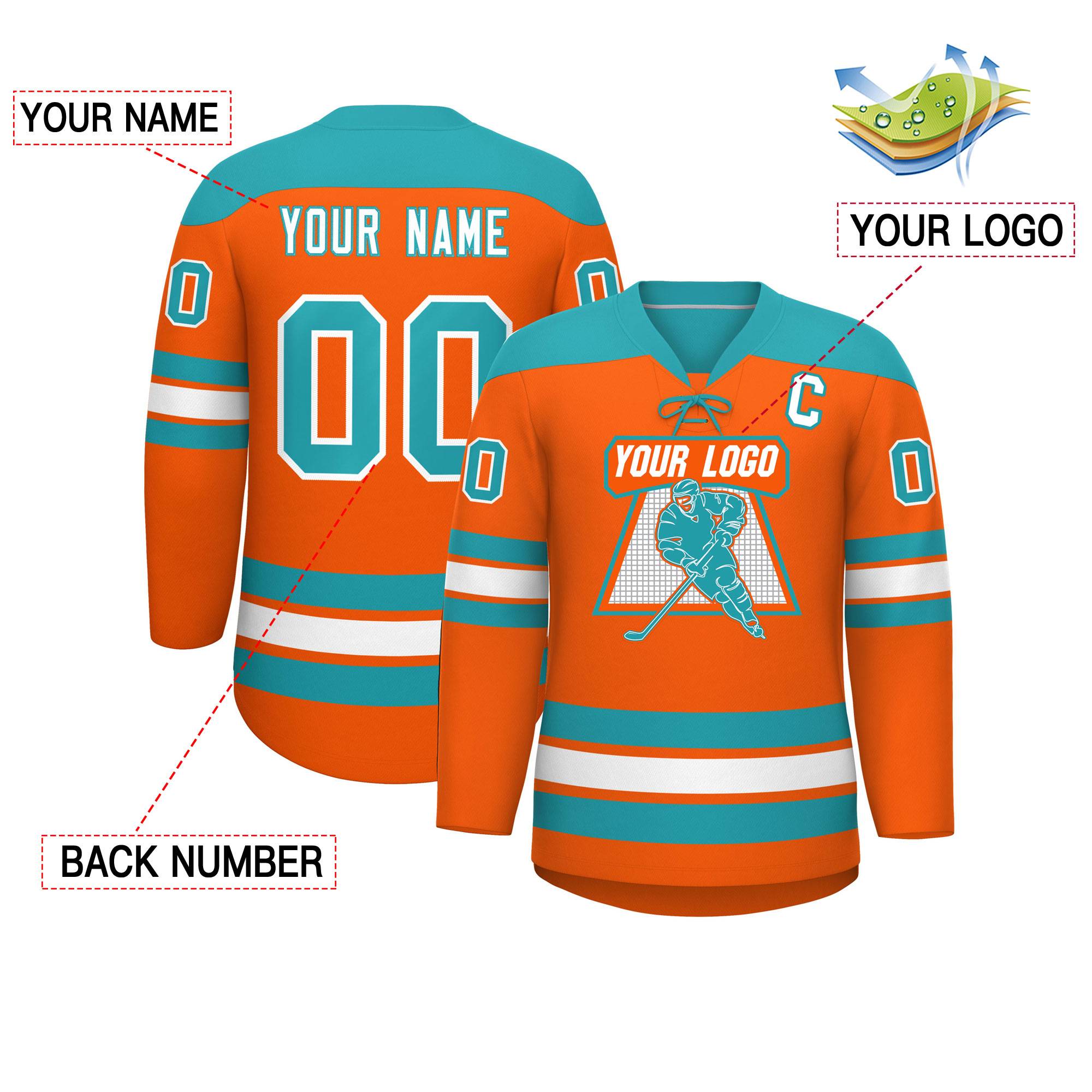 Custom Orange Aqua White Personalized Classic Lace-Up Neck Hockey Jersey