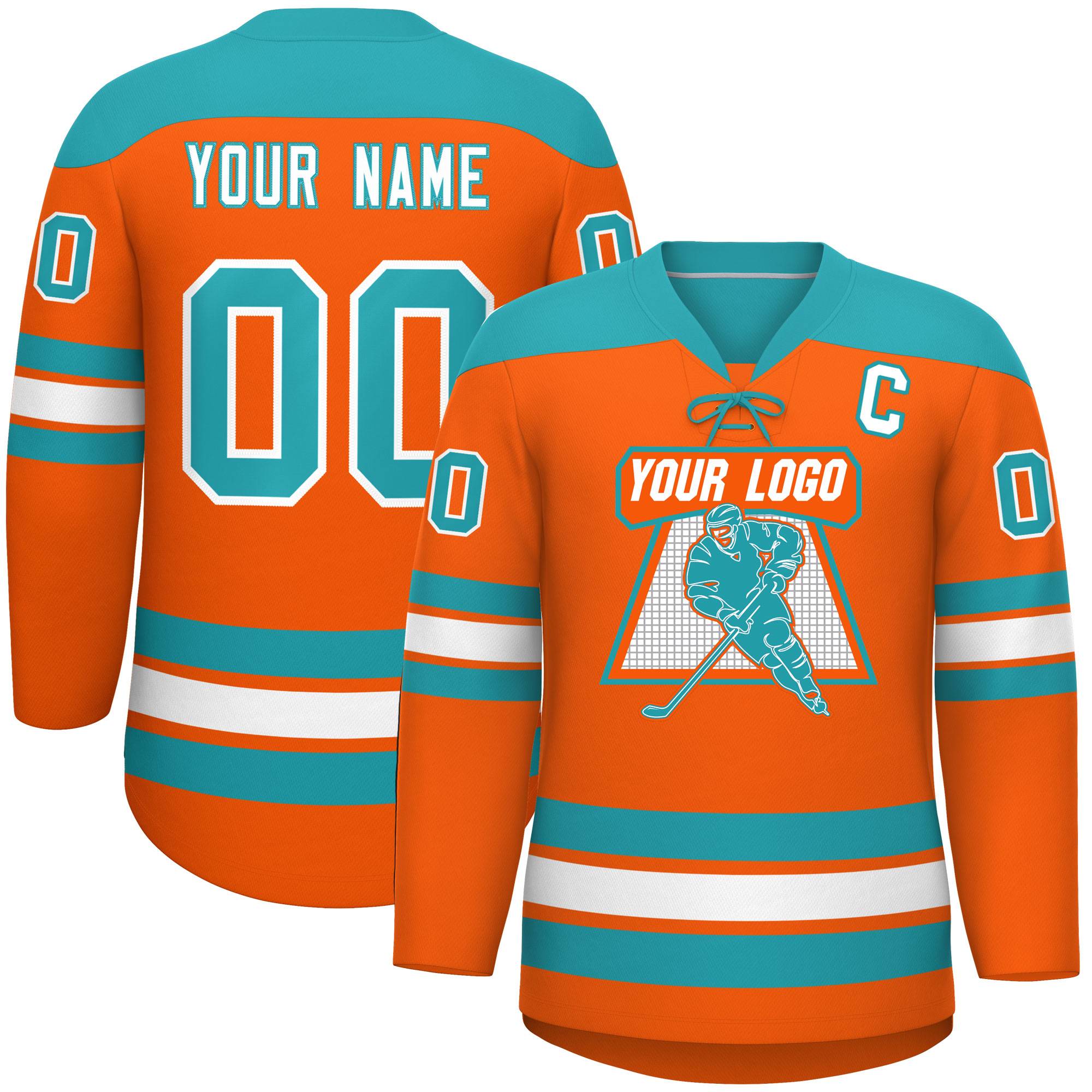 Custom Orange Aqua White Personalized Classic Lace-Up Neck Hockey Jersey