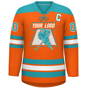 Custom Orange Aqua White Personalized Classic Lace-Up Neck Hockey Jersey