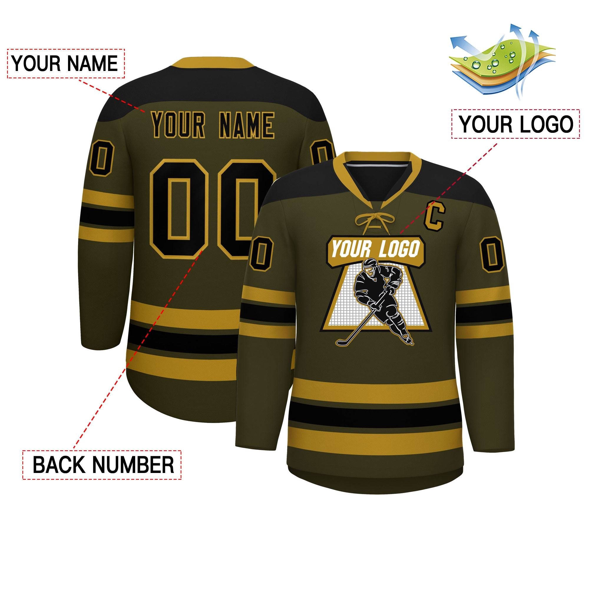 Custom Olive Old Gold Black Personalized Classic Lace-Up Neck Hockey Jersey