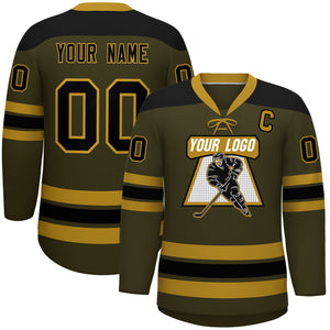 Custom Olive Old Gold Black Personalized Classic Lace-Up Neck Hockey Jersey