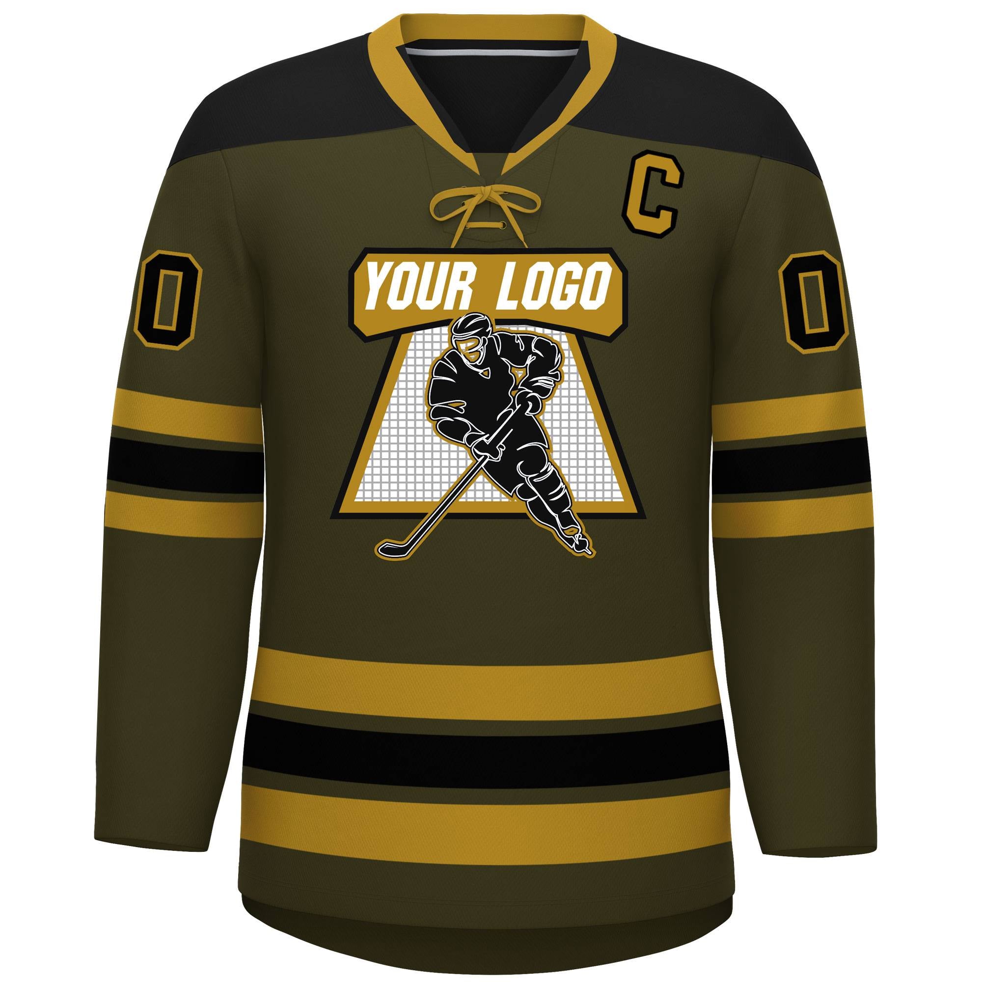 Custom Olive Old Gold Black Personalized Classic Lace-Up Neck Hockey Jersey