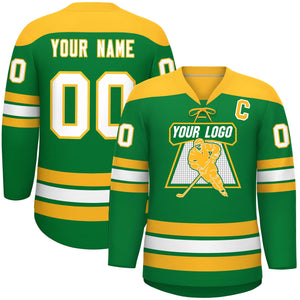 Custom Kelly Green Gold White Personalized Classic Lace-Up Neck Hockey Jersey