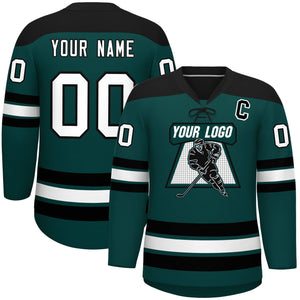 Custom Midnight Green Black White Personalized Classic Lace-Up Neck Hockey Jersey