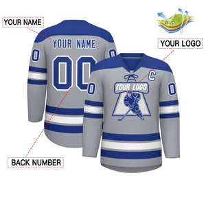 Custom Gray Royal White Personalized Classic Lace-Up Neck Hockey Jersey