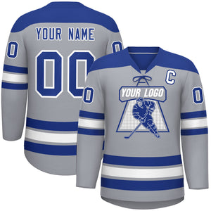 Custom Gray Royal White Personalized Classic Lace-Up Neck Hockey Jersey