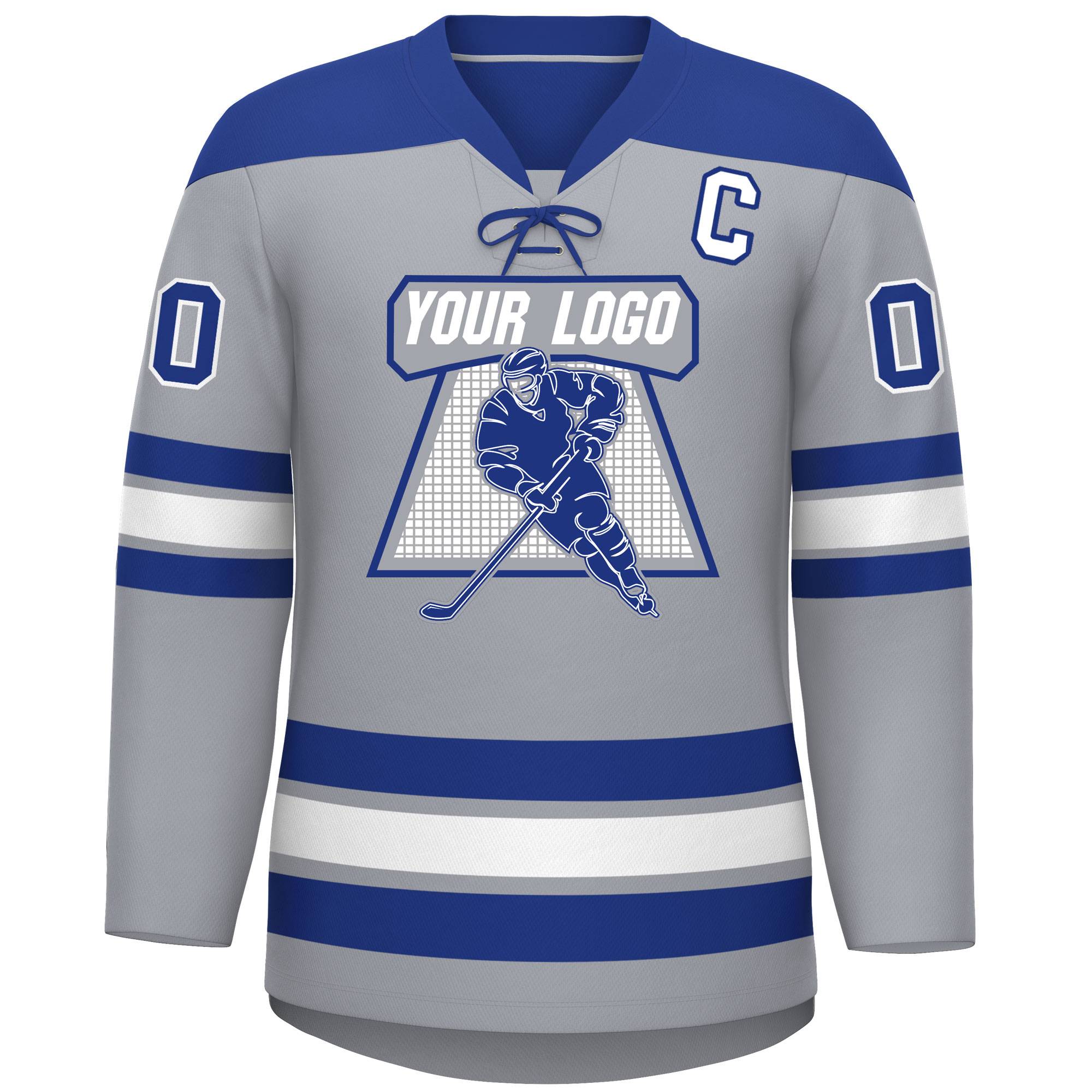 Custom Gray Royal White Personalized Classic Lace-Up Neck Hockey Jersey