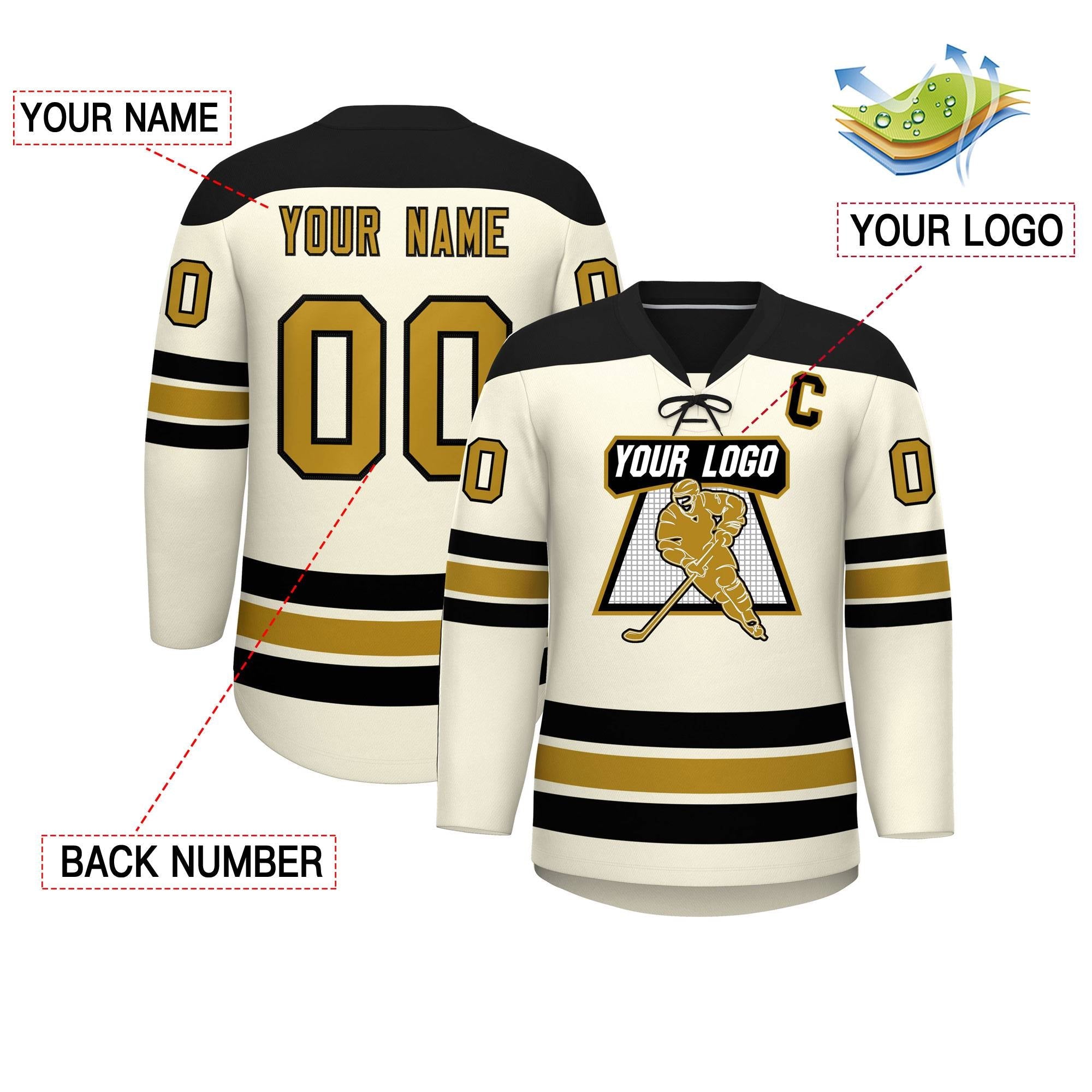 Custom Cream Black Old Gold Personalized Classic Lace-Up Neck Hockey Jersey