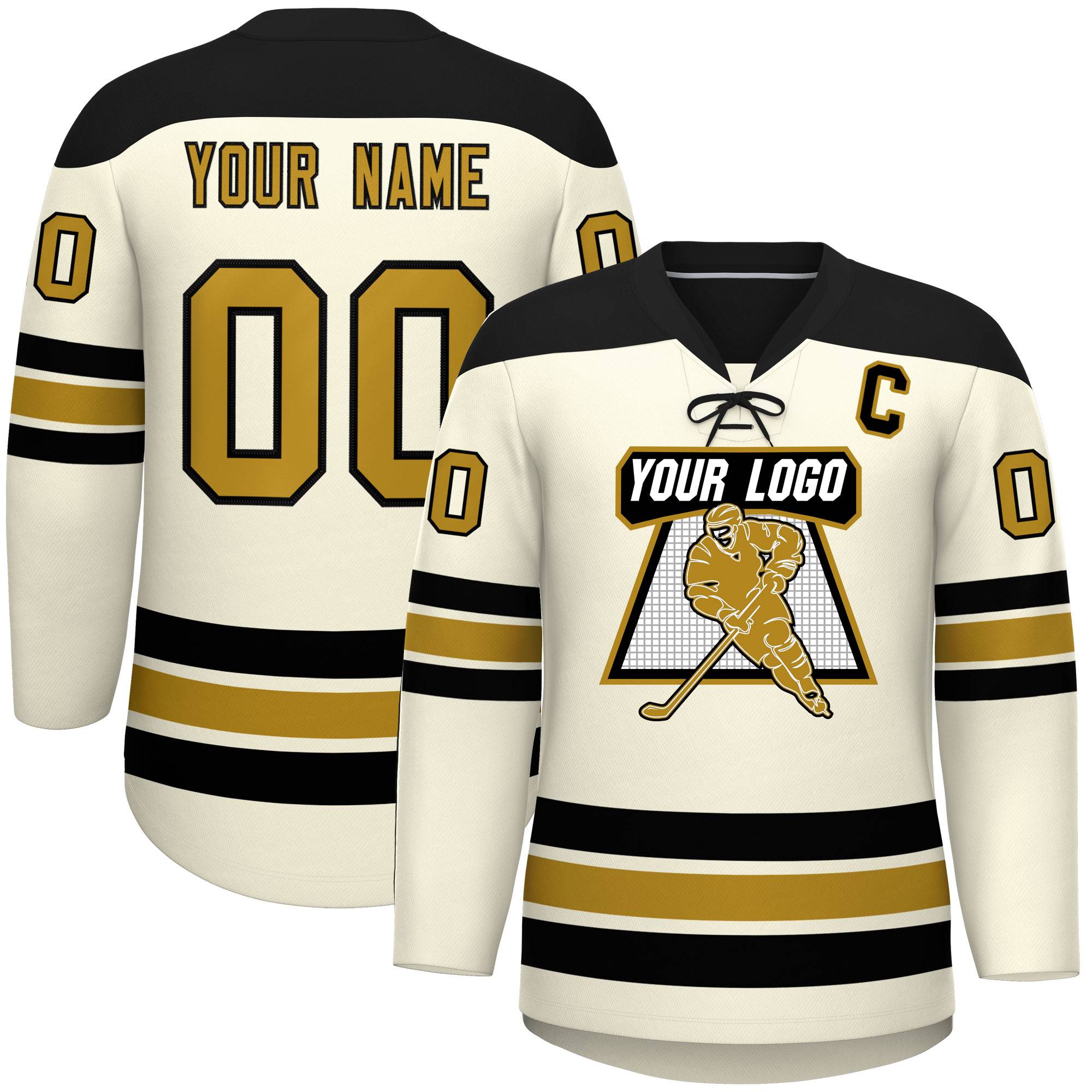 Custom Cream Black Old Gold Personalized Classic Lace-Up Neck Hockey Jersey