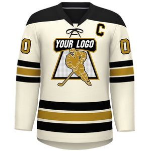 Custom Cream Black Old Gold Personalized Classic Lace-Up Neck Hockey Jersey