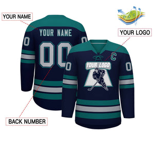 Custom Navy Aqua Gray Personalized Classic Lace-Up Neck Hockey Jersey