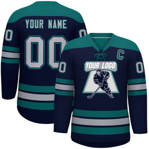 Custom Navy Aqua Gray Personalized Classic Lace-Up Neck Hockey Jersey