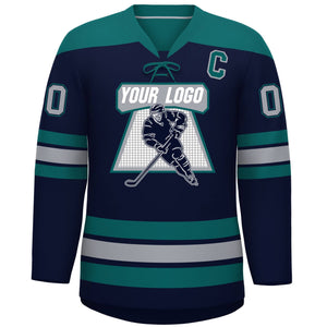 Custom Navy Aqua Gray Personalized Classic Lace-Up Neck Hockey Jersey