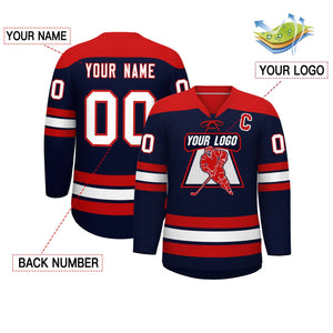 Custom Navy Red White Personalized Classic Lace-Up Neck Hockey Jersey