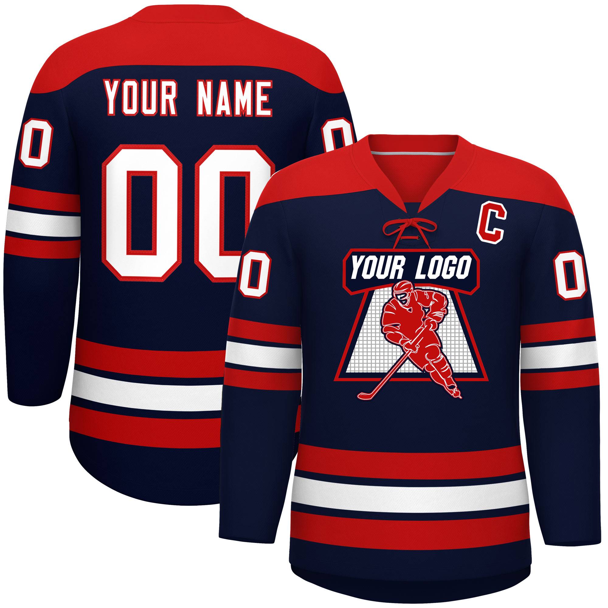 Custom Navy Red White Personalized Classic Lace-Up Neck Hockey Jersey