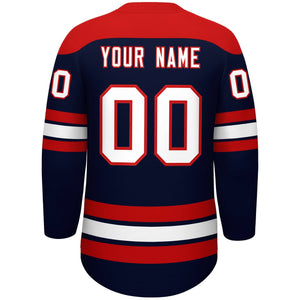 Custom Navy Red White Personalized Classic Lace-Up Neck Hockey Jersey