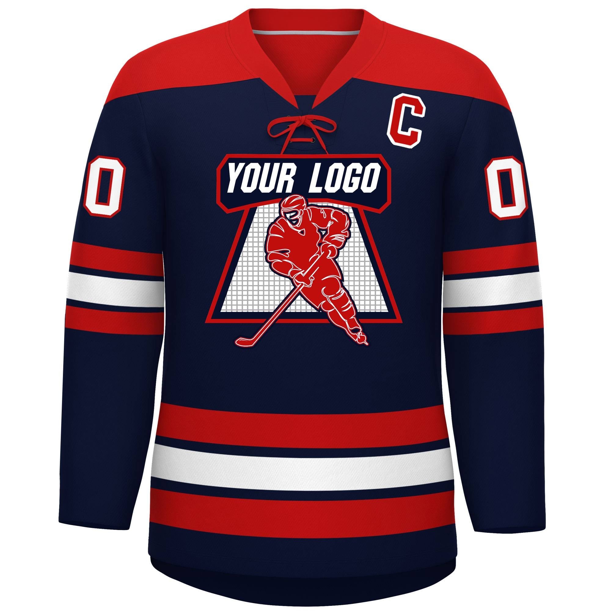 Custom Navy Red White Personalized Classic Lace-Up Neck Hockey Jersey