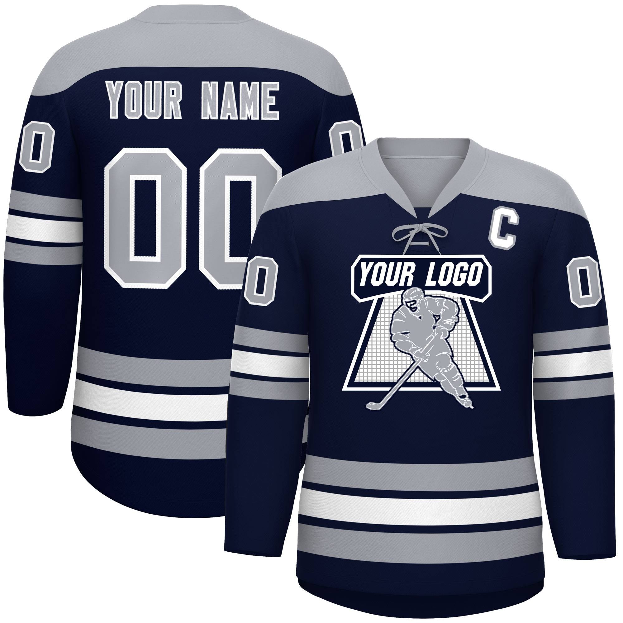 Custom Navy Gray White Personalized Classic Lace-Up Neck Hockey Jersey