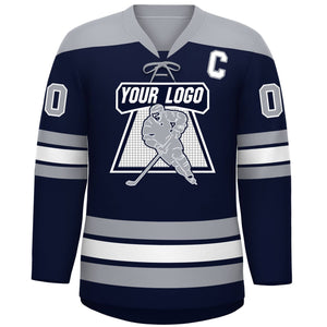 Custom Navy Gray White Personalized Classic Lace-Up Neck Hockey Jersey