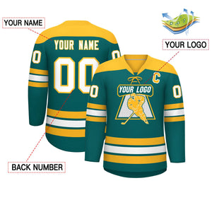 Custom Aqua Gold White Personalized Classic Lace-Up Neck Hockey Jersey