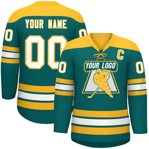 Custom Aqua Gold White Personalized Classic Lace-Up Neck Hockey Jersey