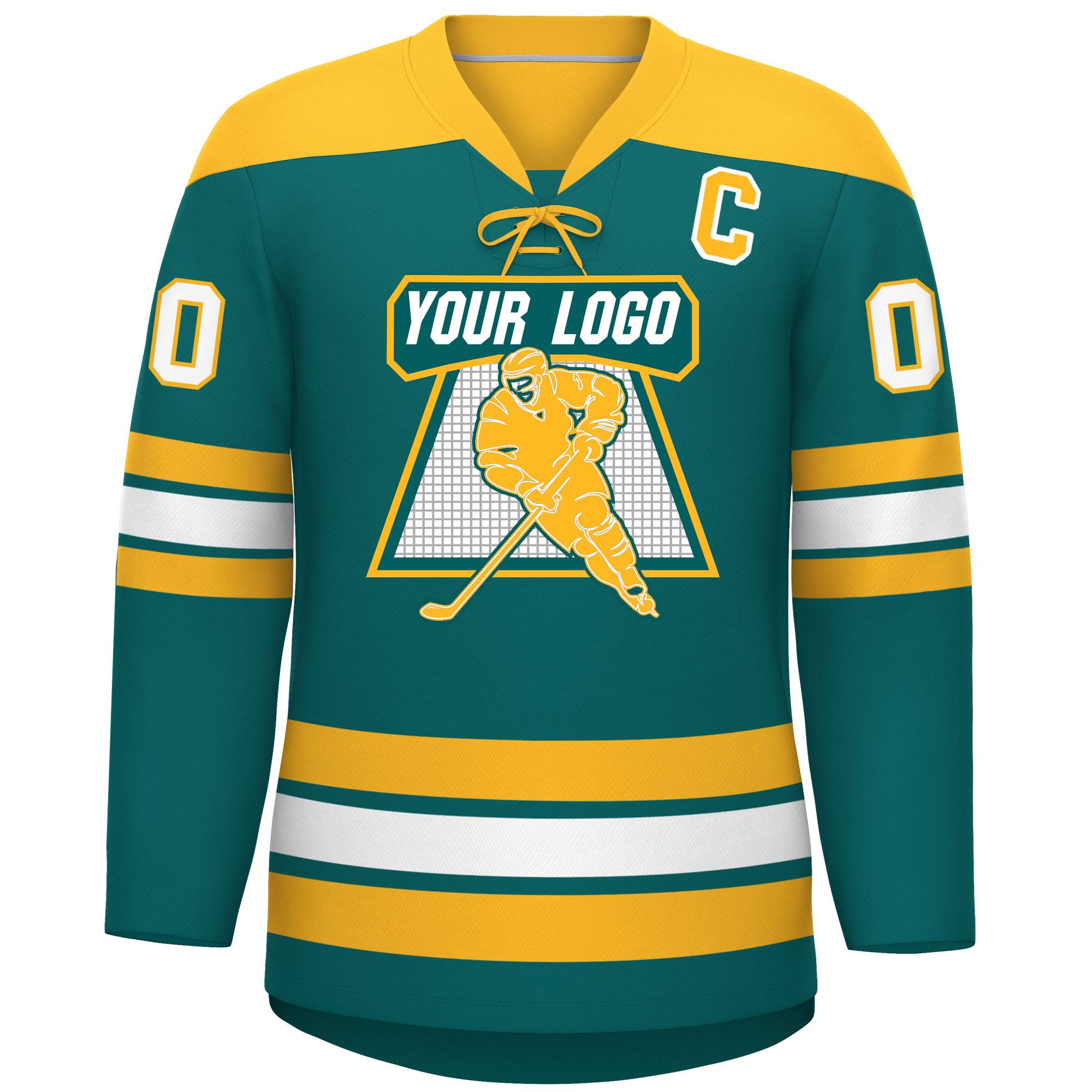 Custom Aqua Gold White Personalized Classic Lace-Up Neck Hockey Jersey