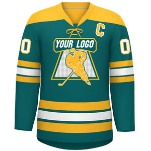 Custom Aqua Gold White Personalized Classic Lace-Up Neck Hockey Jersey