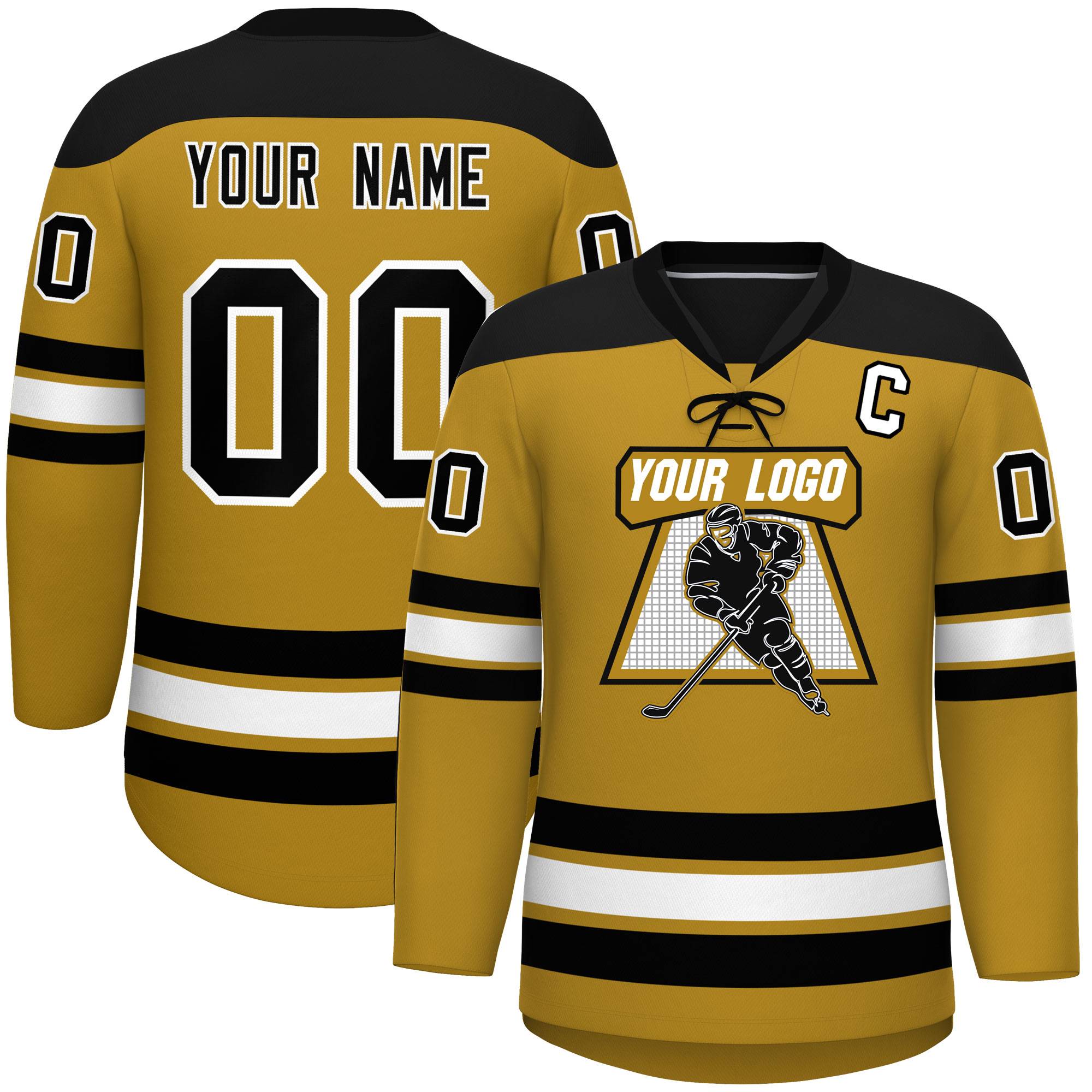 Custom Old Gold Black White Personalized Classic Lace-Up Neck Hockey Jersey