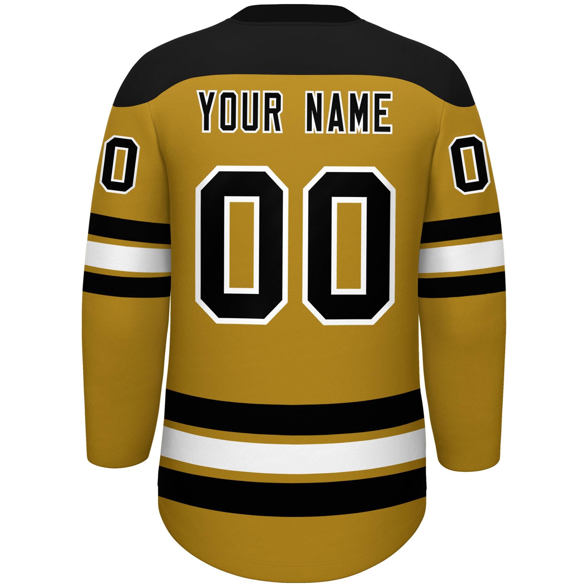 Custom Old Gold Black White Personalized Classic Lace-Up Neck Hockey Jersey