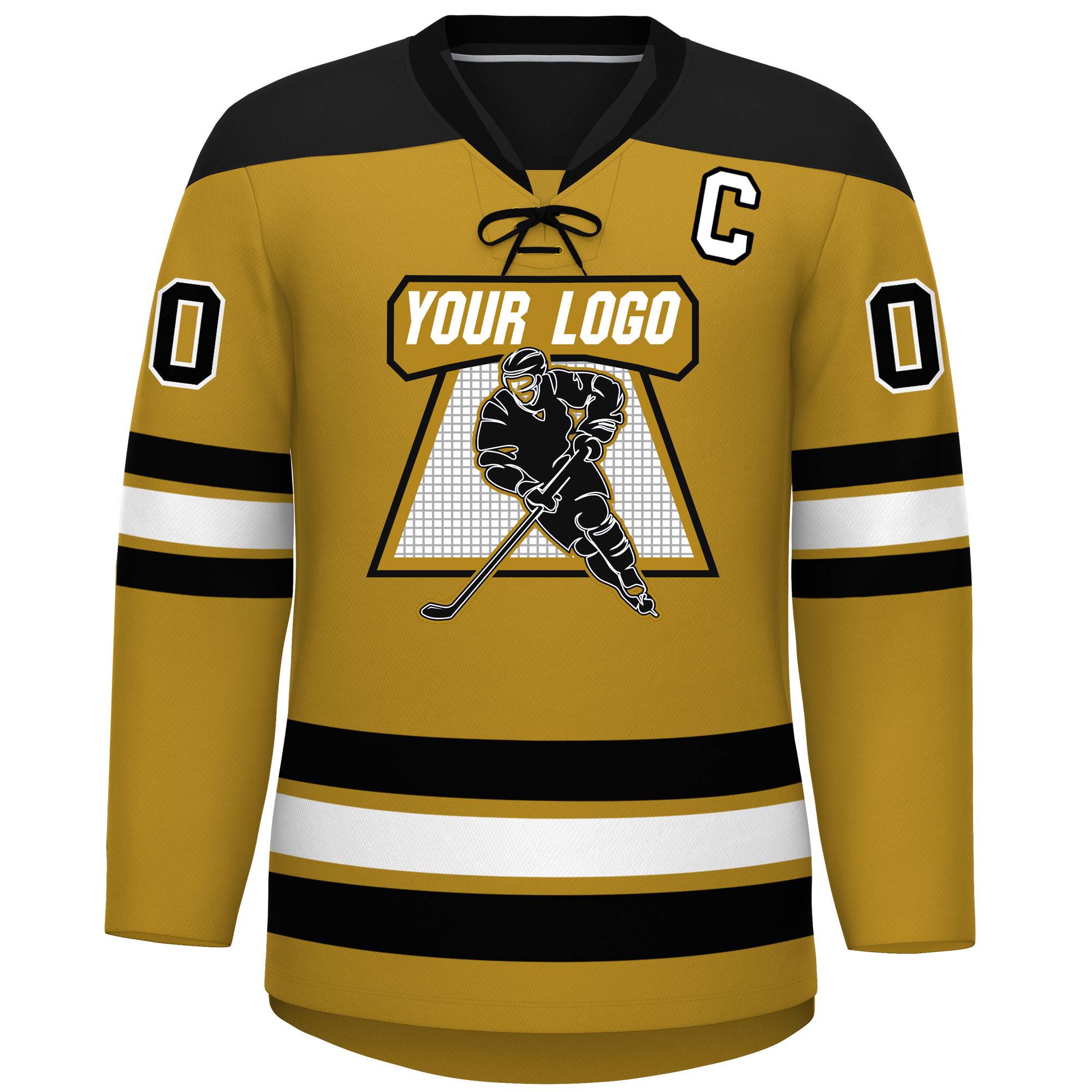 Custom Old Gold Black White Personalized Classic Lace-Up Neck Hockey Jersey