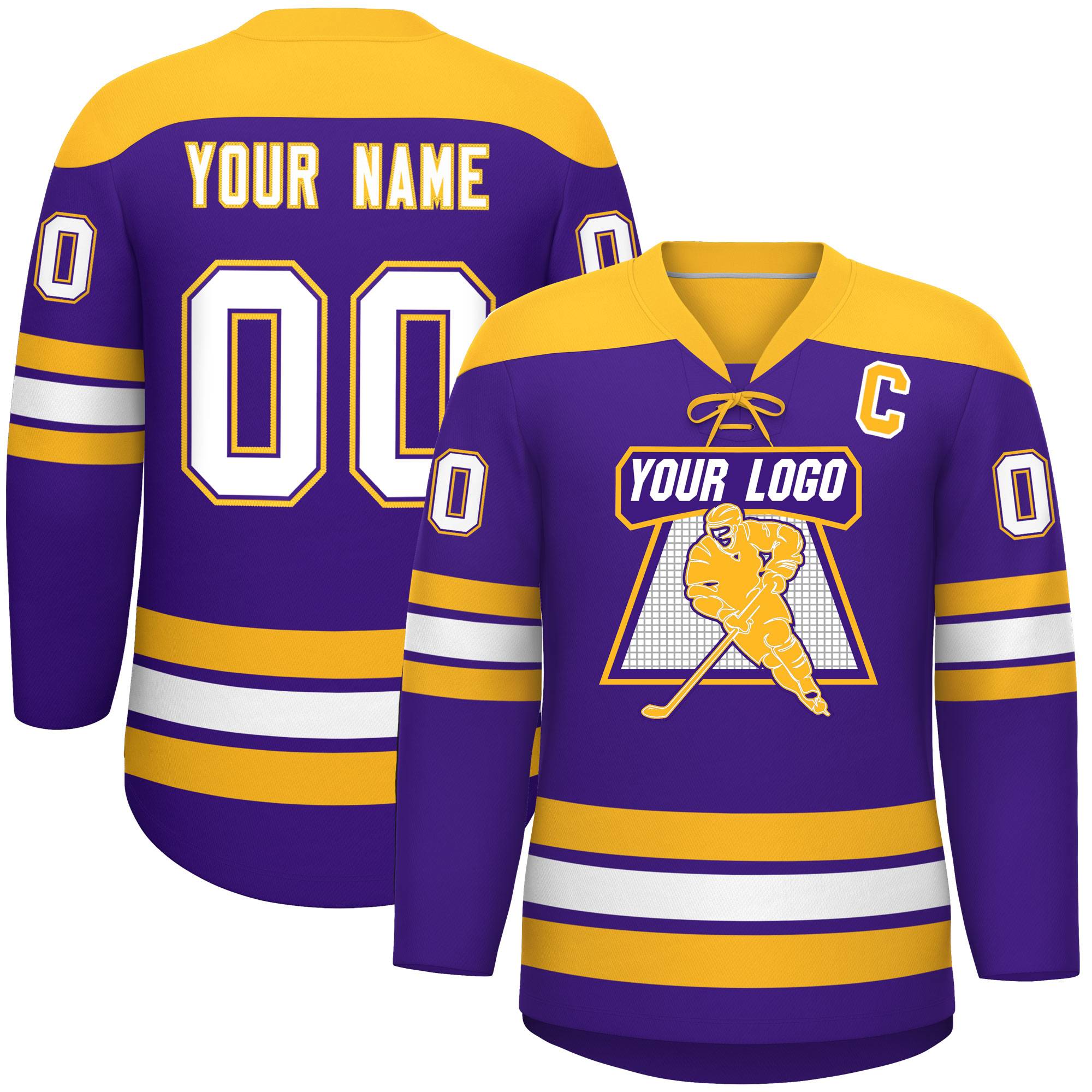 Custom Purple Gold White Personalized Classic Lace-Up Neck Hockey Jersey