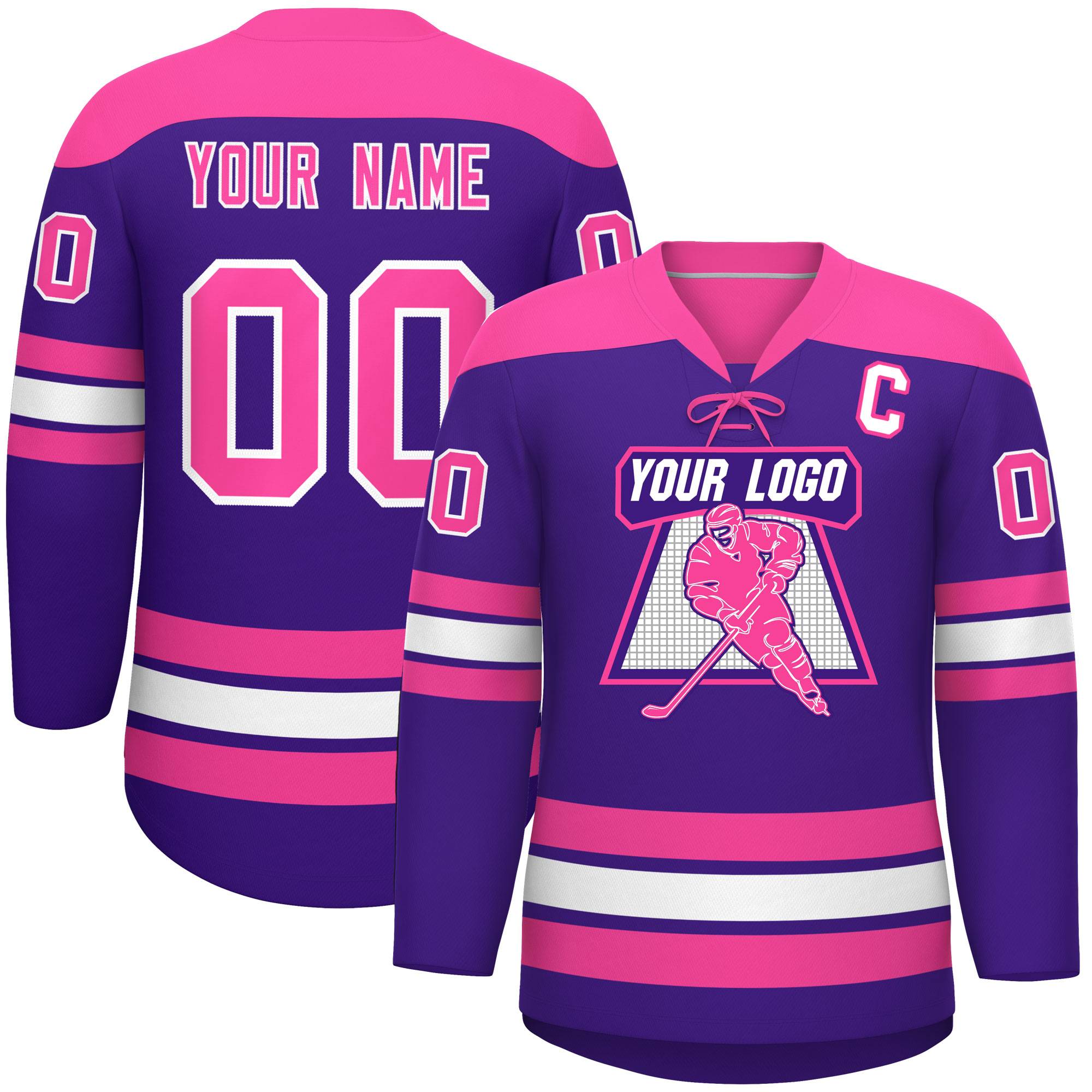 Custom Purple Pink White Personalized Classic Lace-Up Neck Hockey Jersey