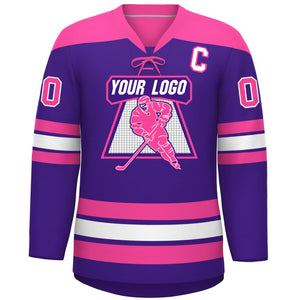 Custom Purple Pink White Personalized Classic Lace-Up Neck Hockey Jersey